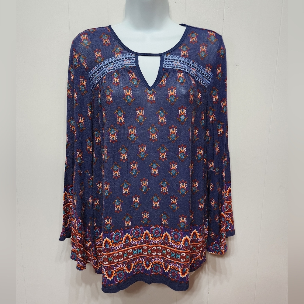 Vintage America‎ Tunic Shirt Medium  Boho Casual Peasant Keyhole Multicolor B293